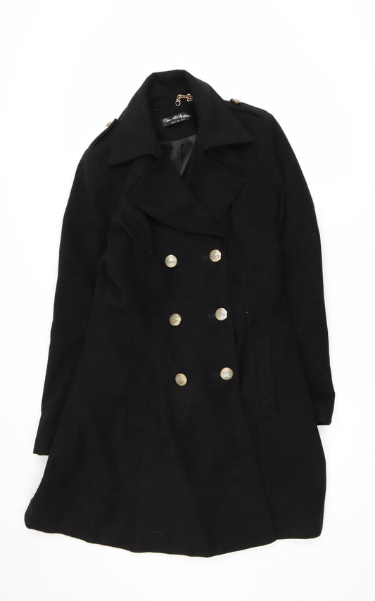 Miss Selfridge Women Black Long Pea Coat UK 10 Classic Style