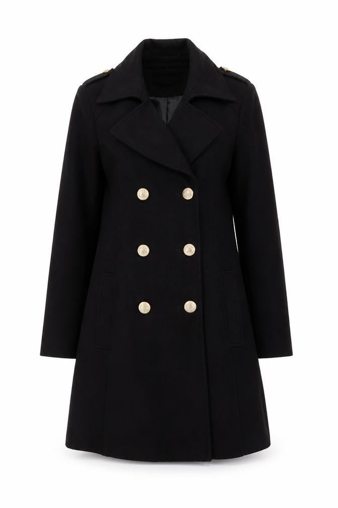 Miss Selfridge Women Black Long Pea Coat UK 10 Classic Style
