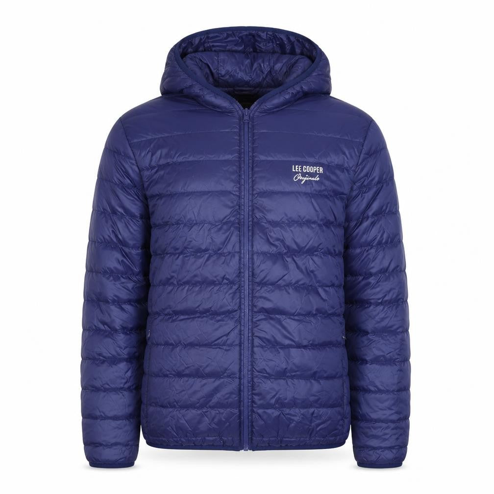 Front view of Lee Cooper Men's Blue Hooded Puffer Jacket, size S, Polyester Down Filled