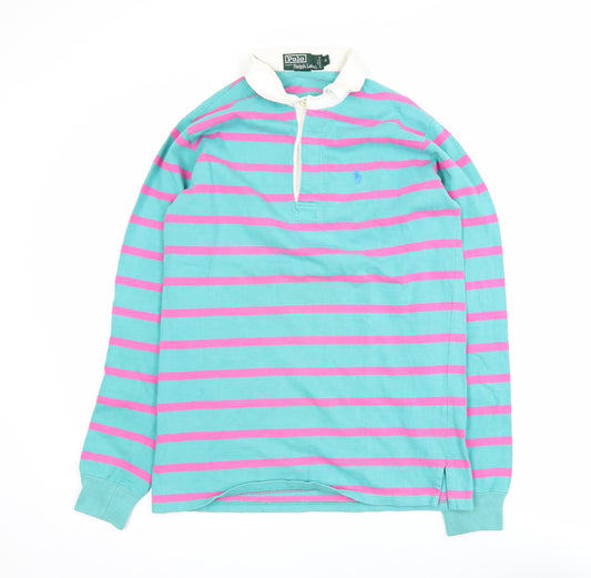 Ralph Lauren Women Aqua Pink Striped Rugby Polo Long Sleeve Top Size 16