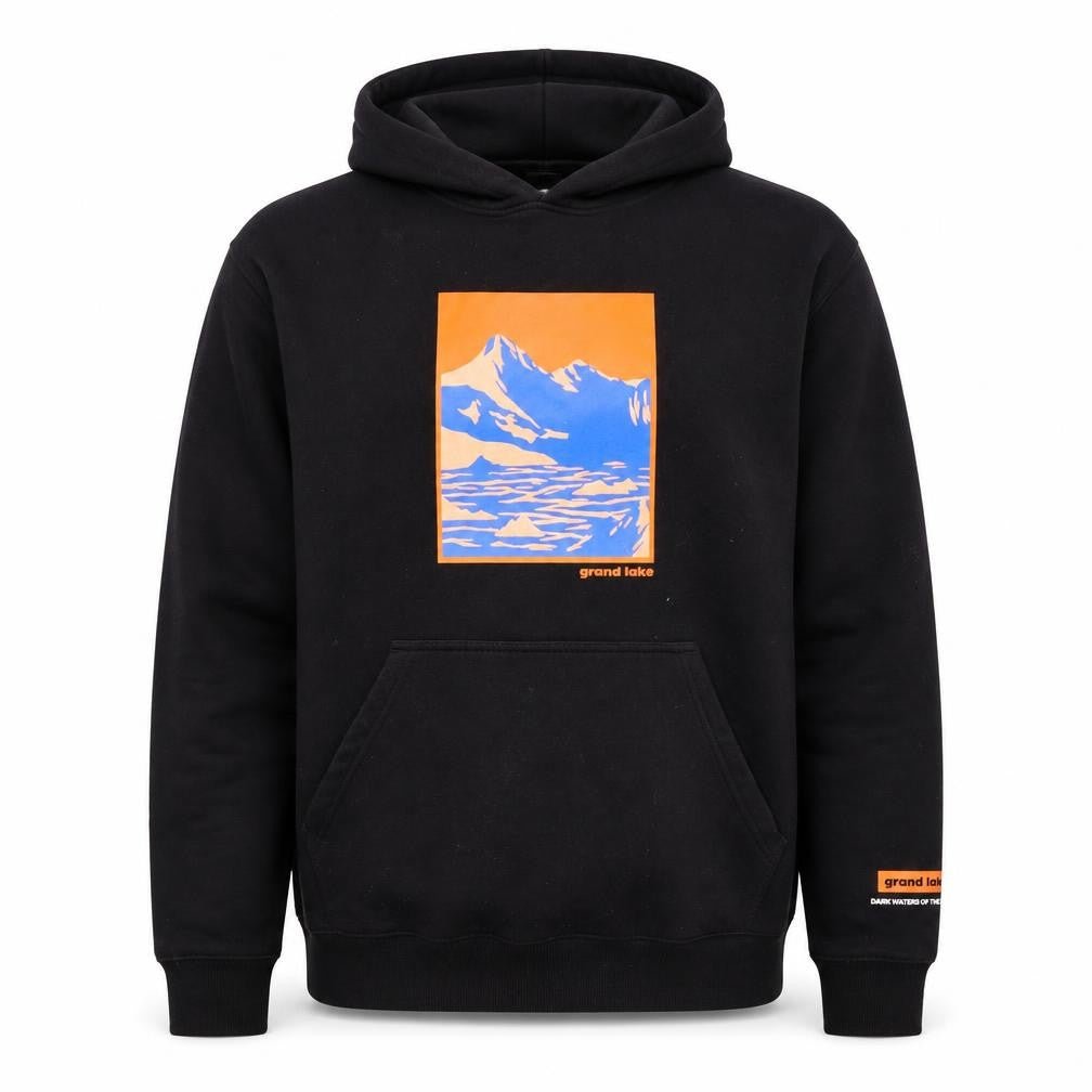 Front view of H&M Men’s Black Grand Lake Graphic Pullover Hoodie, size M