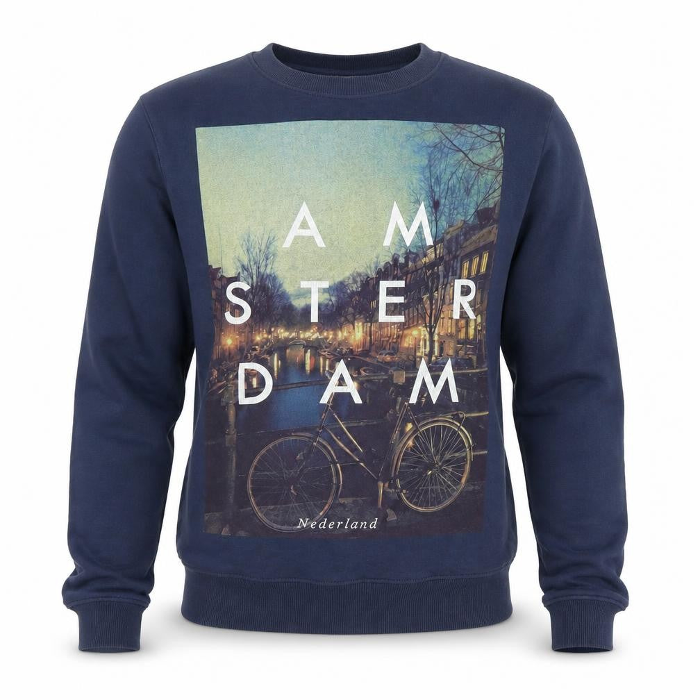 Front view of River Island Men's Blue Amsterdam Graphic Sweatshirt, size S