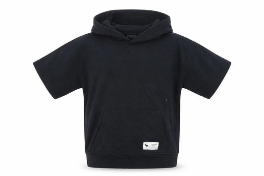 Front view of Abercrombie & Fitch Kids boys’ black 9-10 years relaxed fit hooded short sleeve t-shirt