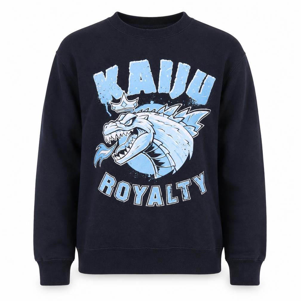 Front view of Design By Humans Men’s Blue Kaiju Graphic Pullover Sweatshirt, size M