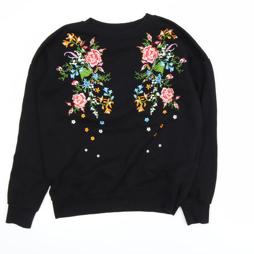 Next Women Black Embroidered Floral Pullover Sweatshirt UK 8