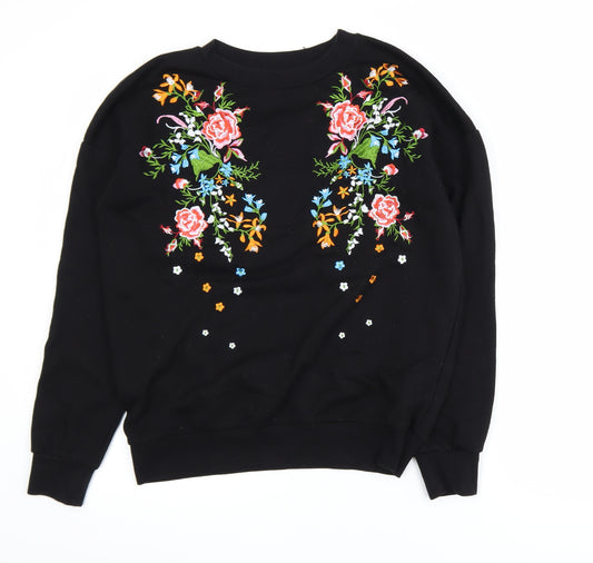 Next Women Black Embroidered Floral Pullover Sweatshirt UK 8