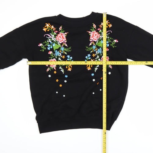 Next Women Black Embroidered Floral Pullover Sweatshirt UK 8