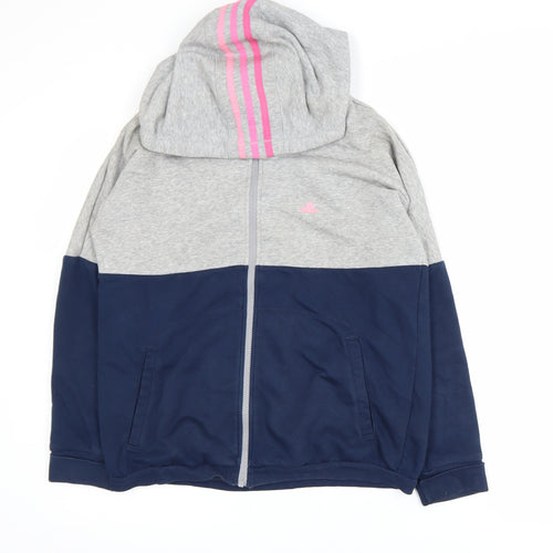 Adidas Womens Grey Blue Hooded Track Jacket Size 8 Full Zip Activewear