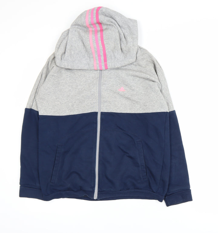 Adidas Womens Grey Blue Hooded Track Jacket Size 8 Full Zip Activewear