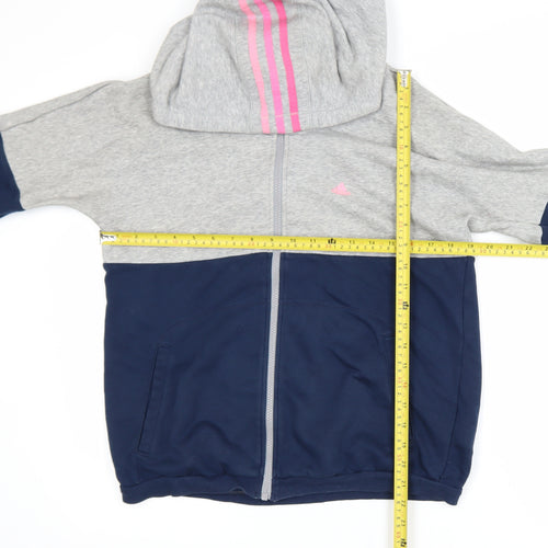 Adidas Womens Grey Blue Hooded Track Jacket Size 8 Full Zip Activewear
