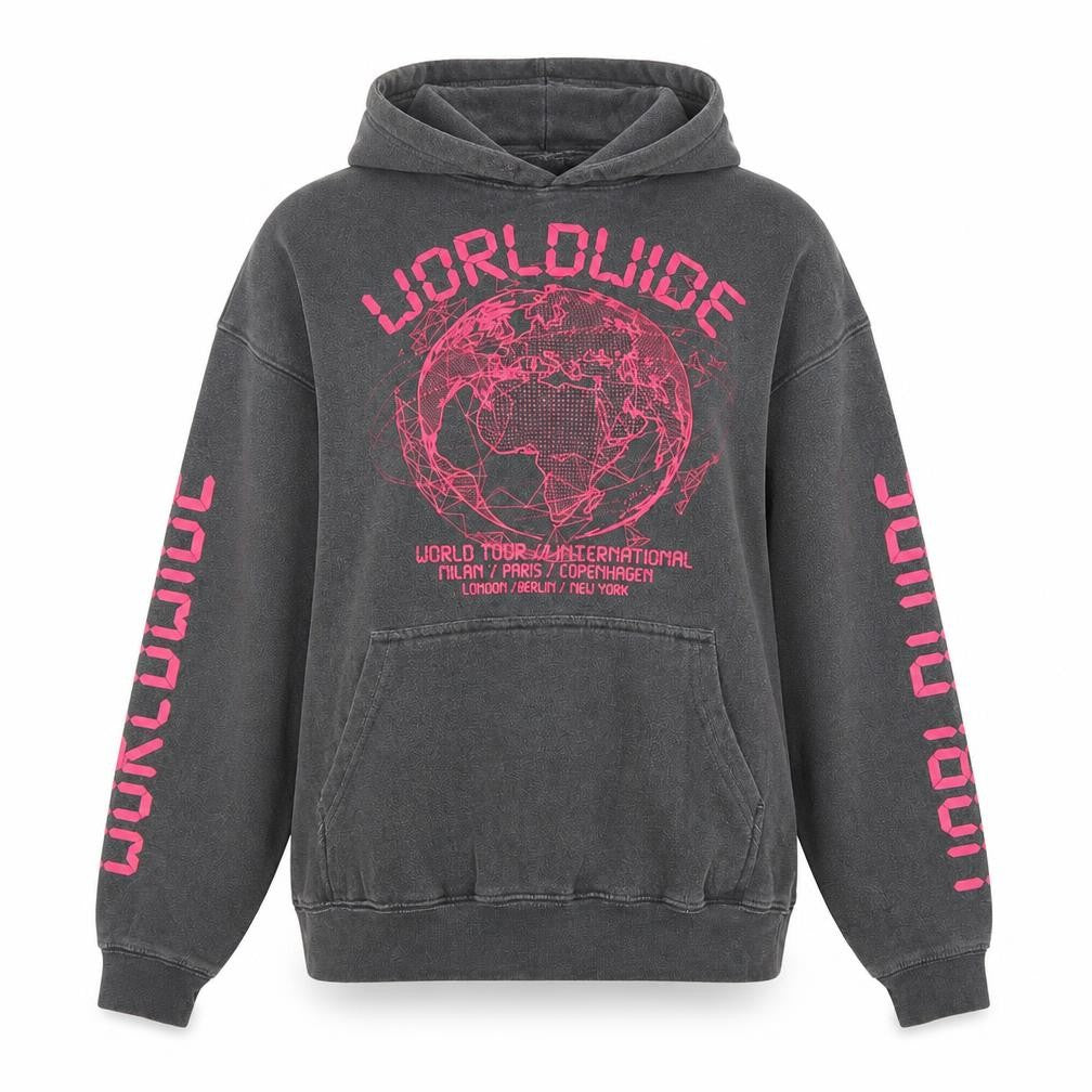 Front view of PRETTYLITTLETHING Women’s Grey Worldwide Print Pullover Hoodie, size S