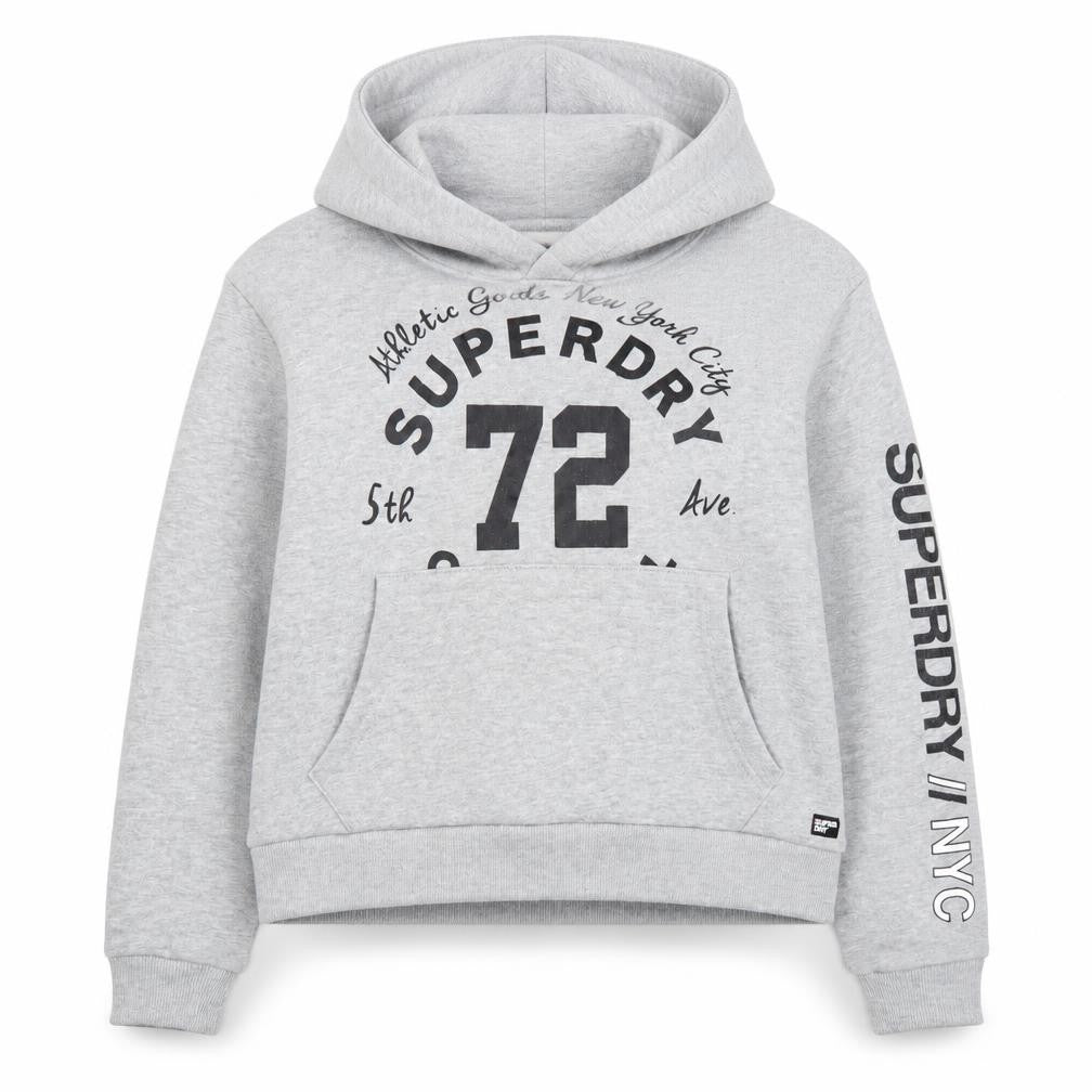 Front view of Superdry Women Grey Hoodie, size S, Pullover Graphic Print Sweatshirt