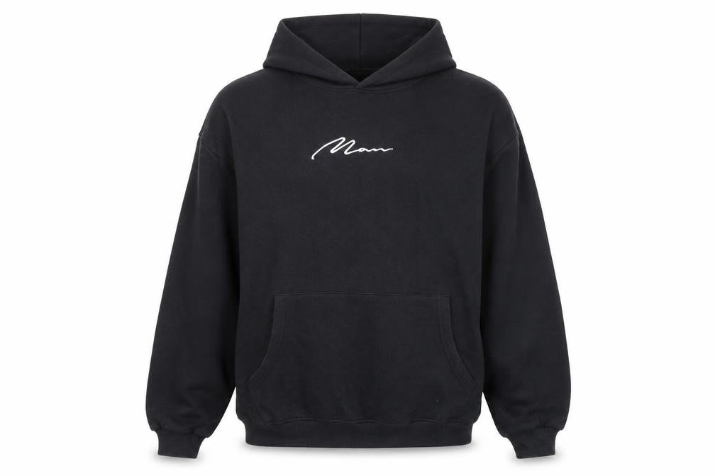 Front view of boohooMAN Men’s Black Pullover Hoodie L Embroidered MAN Logo Fleece
