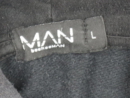 boohooMAN Men’s Black Pullover Hoodie L Embroidered MAN Logo Fleece