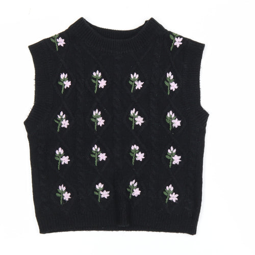 Warehouse Women Black Floral Embroidered Cable Knit Vest Jumper S