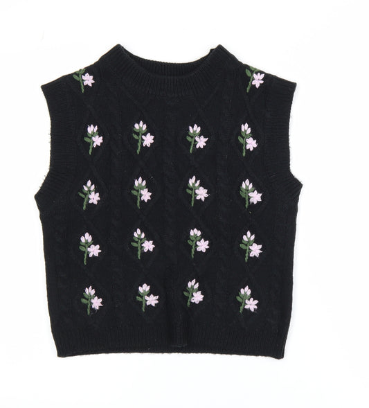 Warehouse Women Black Floral Embroidered Cable Knit Vest Jumper S