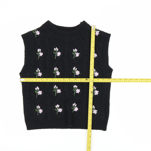 Warehouse Women Black Floral Embroidered Cable Knit Vest Jumper S