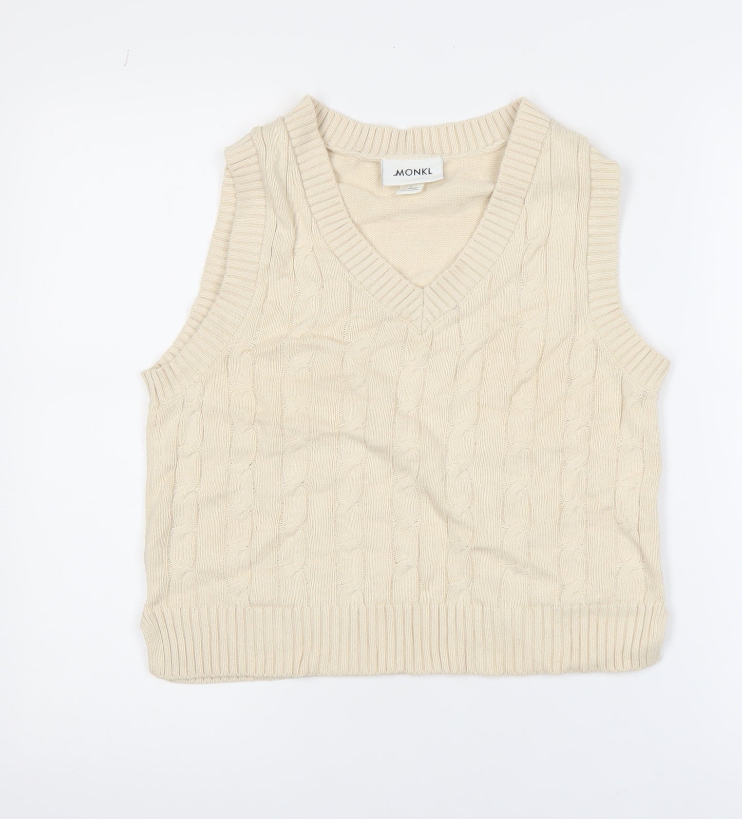 Monki Women's Beige Cable-Knit Cotton Sleeveless Vest Jumper Size S