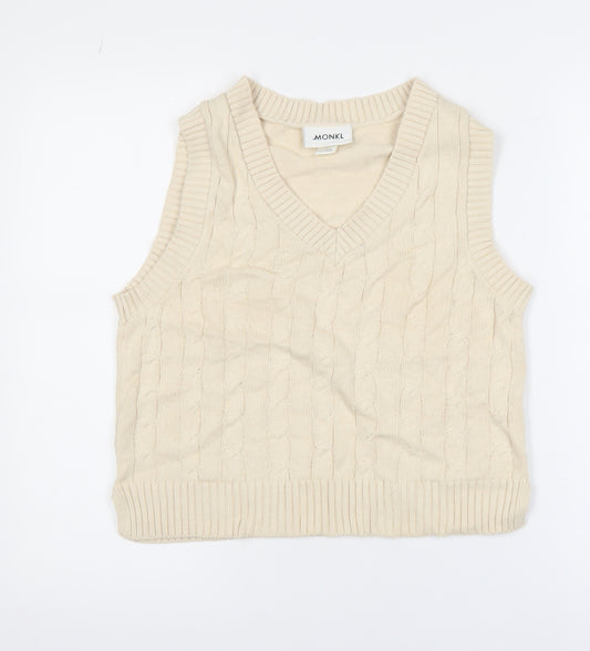 Monki Women's Beige Cable-Knit Cotton Sleeveless Vest Jumper Size S