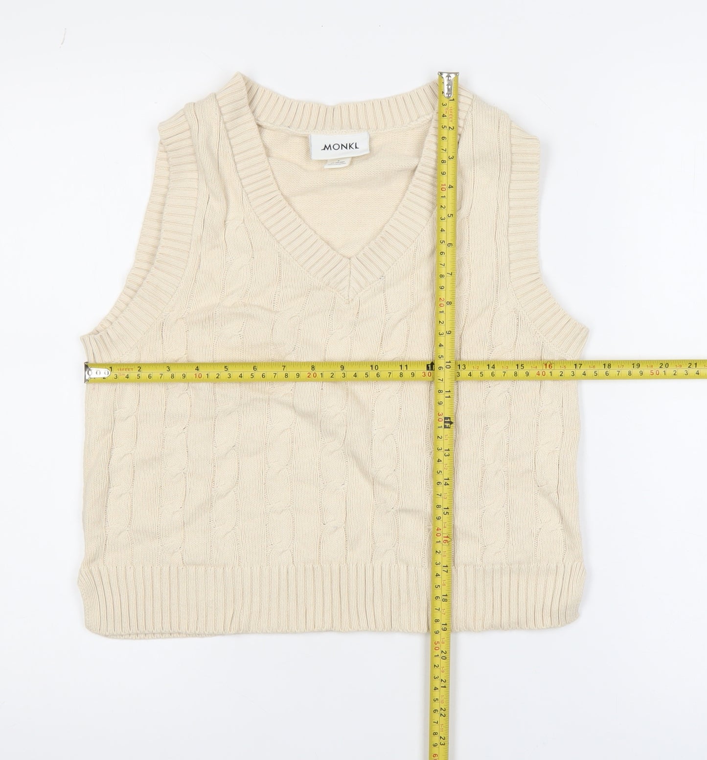 Monki Women's Beige Cable-Knit Cotton Sleeveless Vest Jumper Size S