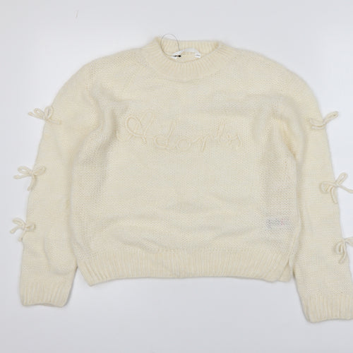 Marks and Spencer Girls Ivory Bow Knit Jumper 12-13 Years Acrylic Blend