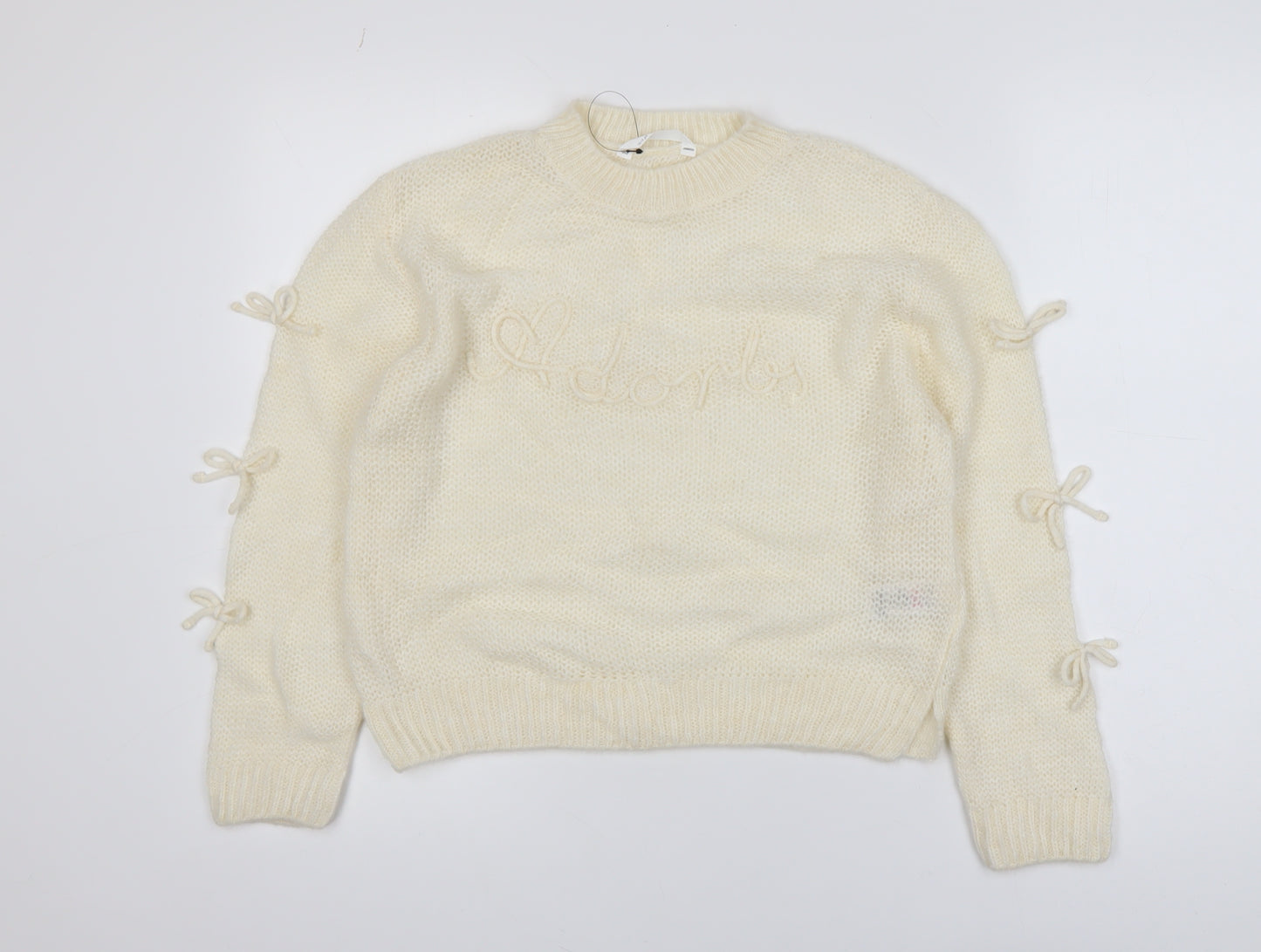 Marks and Spencer Girls Ivory Bow Knit Jumper 12-13 Years Acrylic Blend