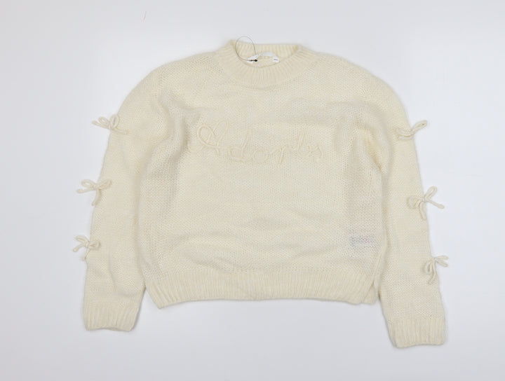 Marks and Spencer Girls Ivory Bow Knit Jumper 12-13 Years Acrylic Blend