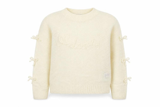 Front view of Marks & Spencer girls’ ivory bow knit jumper 12-13 years acrylic blend