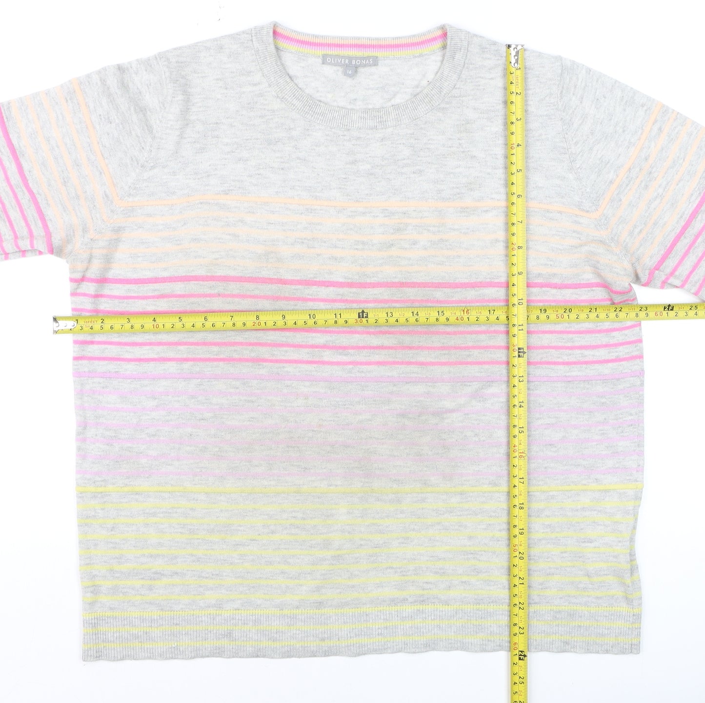 Oliver Bonas Women Grey Multicoloured Striped Crew Neck Jumper Size 16
