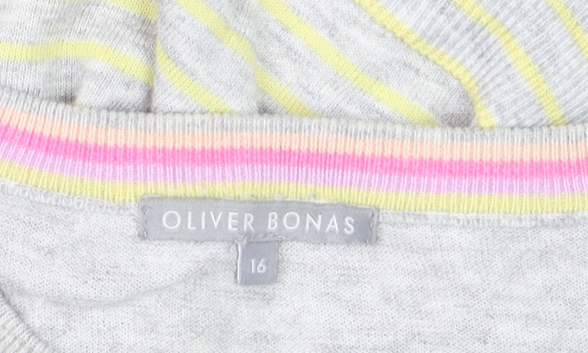 Oliver Bonas Women Grey Multicoloured Striped Crew Neck Jumper Size 16