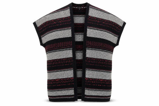 Front view of Candy Couture girls’ black and red striped open knit cardigan 14 years