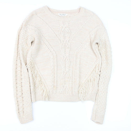 Miss Selfridge Women's Beige Cable-Knit Fringed Jumper Size 6