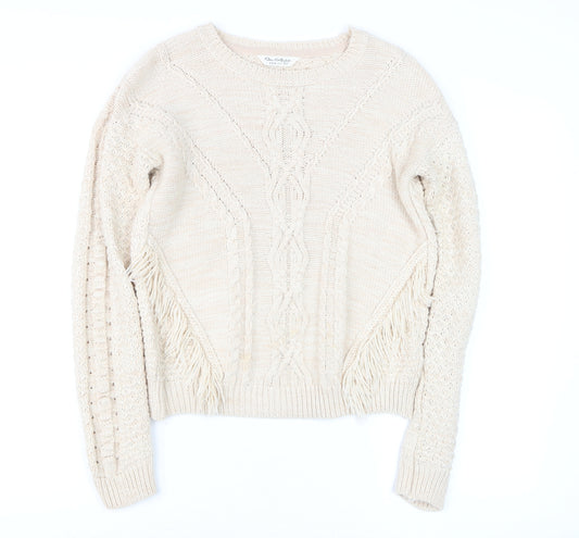Miss Selfridge Women's Beige Cable-Knit Fringed Jumper Size 6