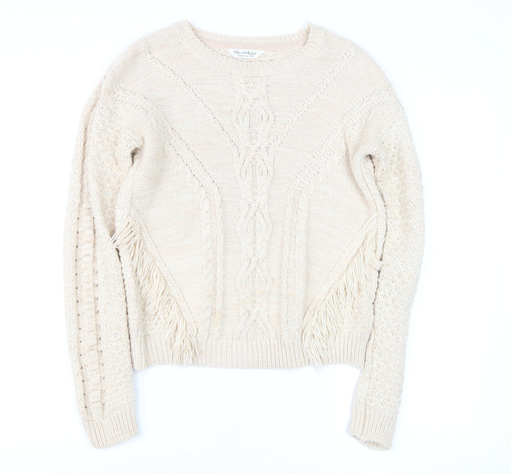 Miss Selfridge Women's Beige Cable-Knit Fringed Jumper Size 6