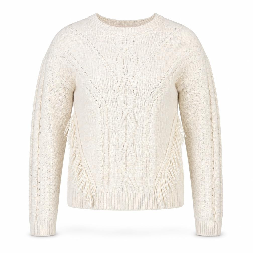 Miss Selfridge Women's Beige Cable-Knit Fringed Jumper Size 6