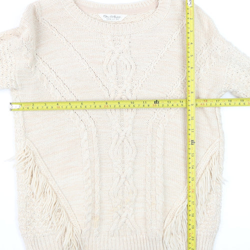 Miss Selfridge Women's Beige Cable-Knit Fringed Jumper Size 6