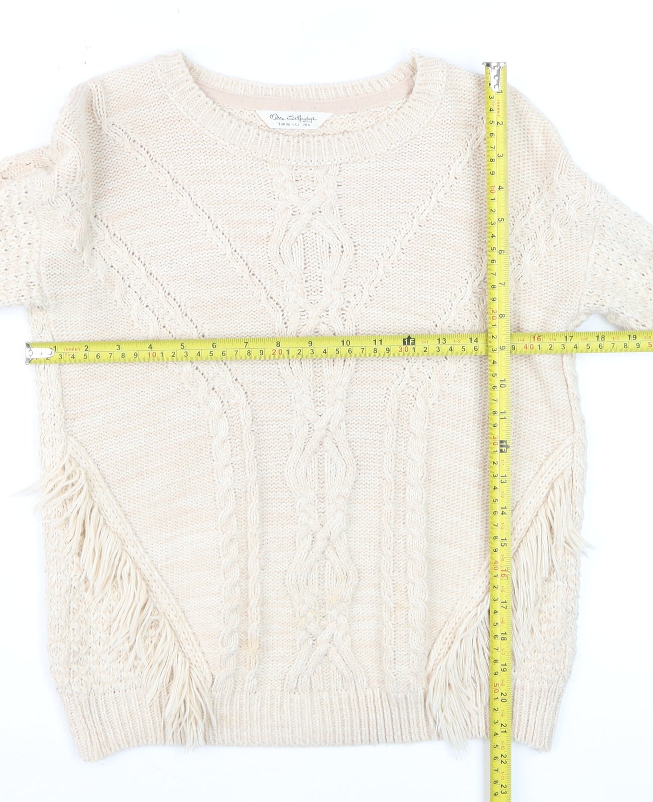 Miss Selfridge Women's Beige Cable-Knit Fringed Jumper Size 6
