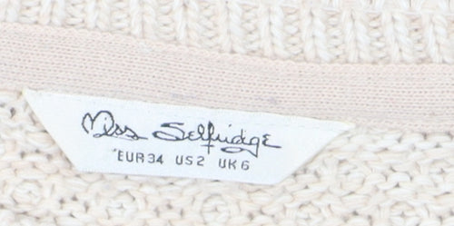 Miss Selfridge Women's Beige Cable-Knit Fringed Jumper Size 6