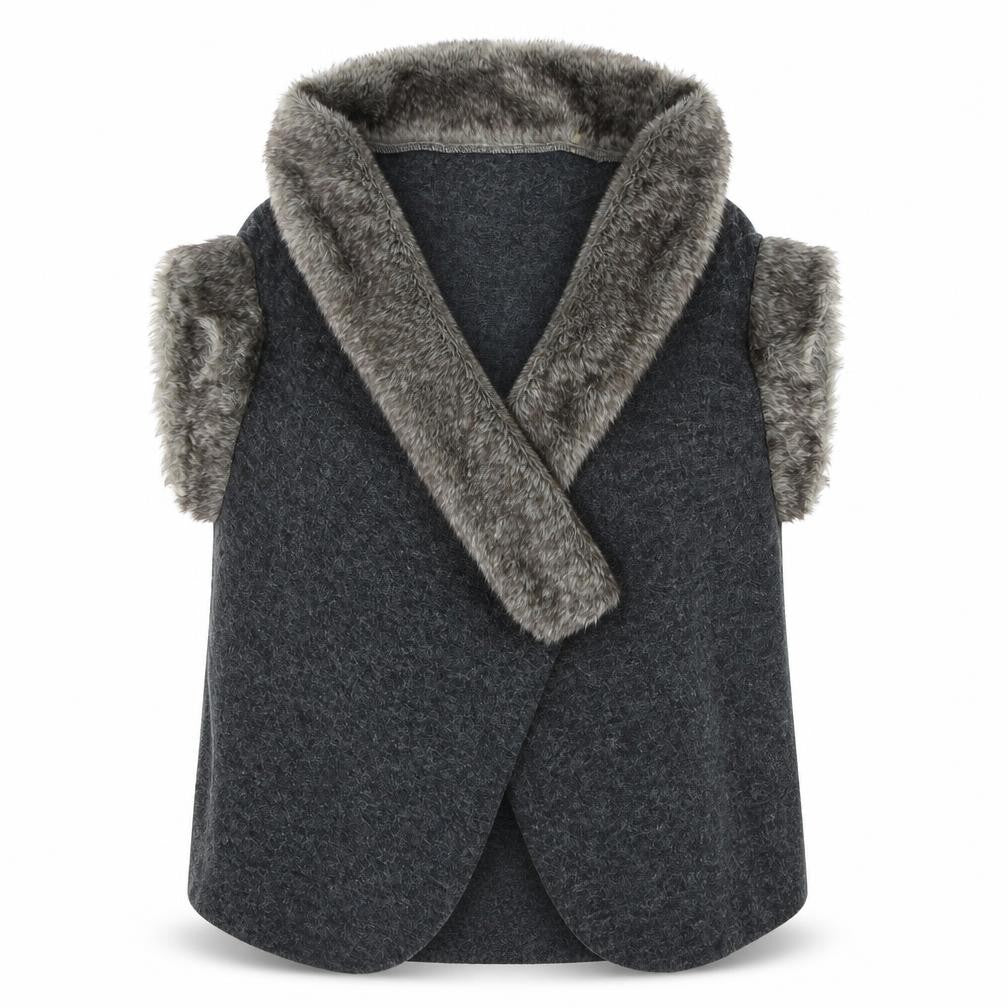 Izabel London Women Grey Faux Fur Trim Knit Cape Size 12/14