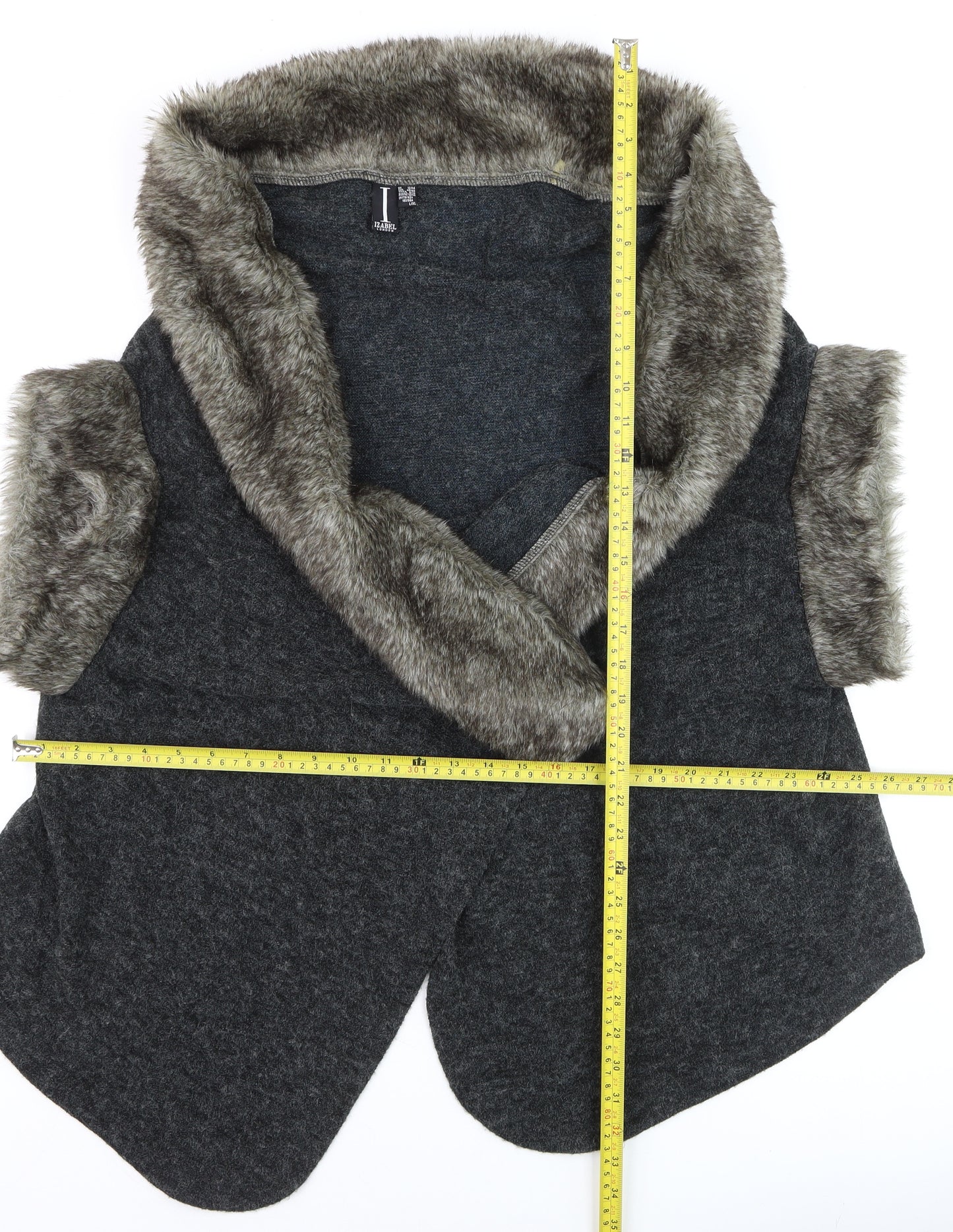 Izabel London Women Grey Faux Fur Trim Knit Cape Size 12/14