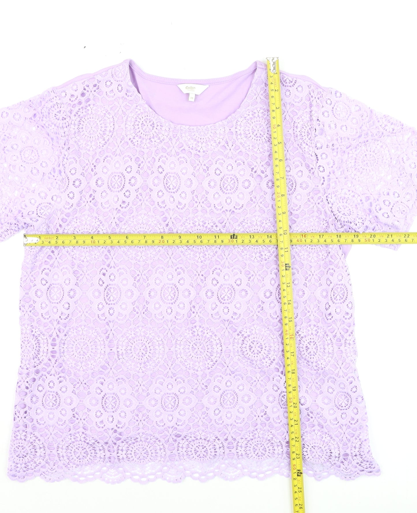 Cotton Traders Womens Purple Lace Short Sleeve T-Shirt Size 14