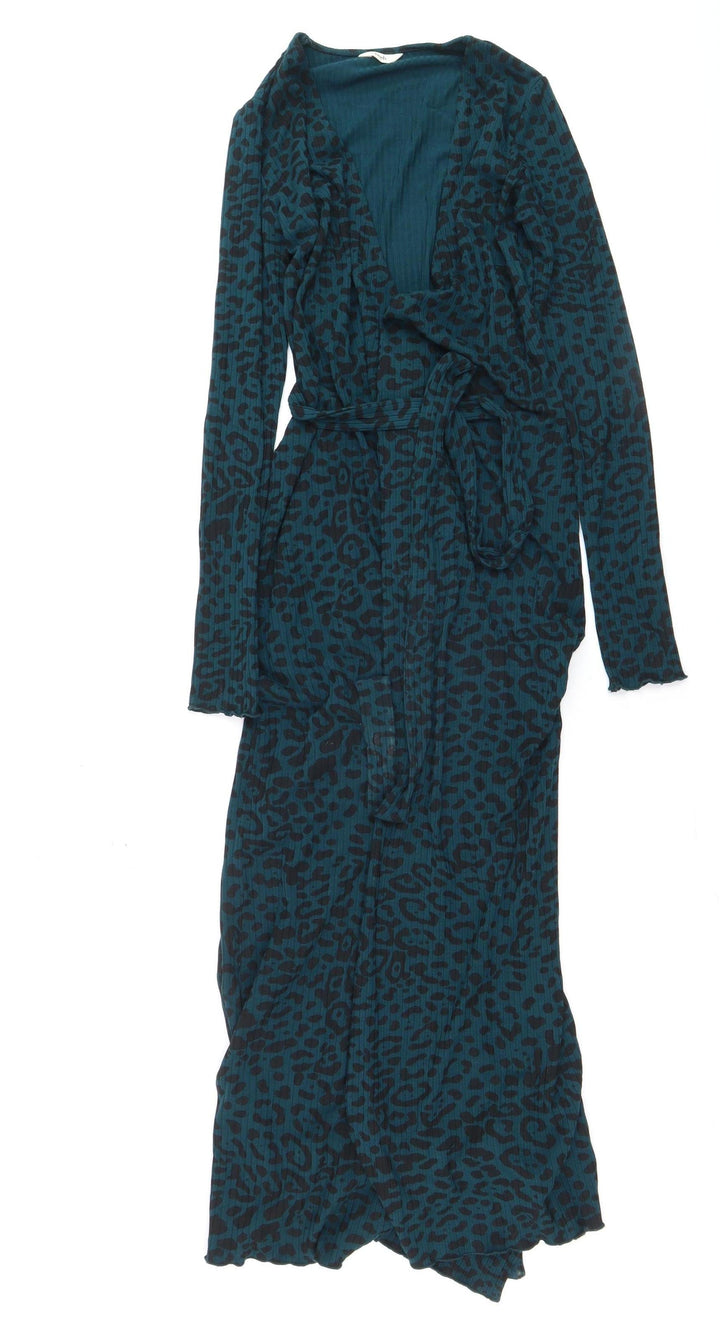 Hush Women Blue Leopard Wrap Dress Size 4 Long Sleeve