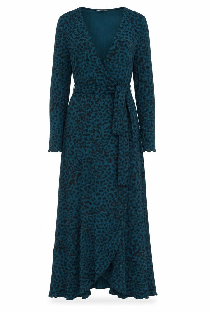 Front view of Hush Women Blue Leopard Wrap Dress, size 4, Long Sleeve