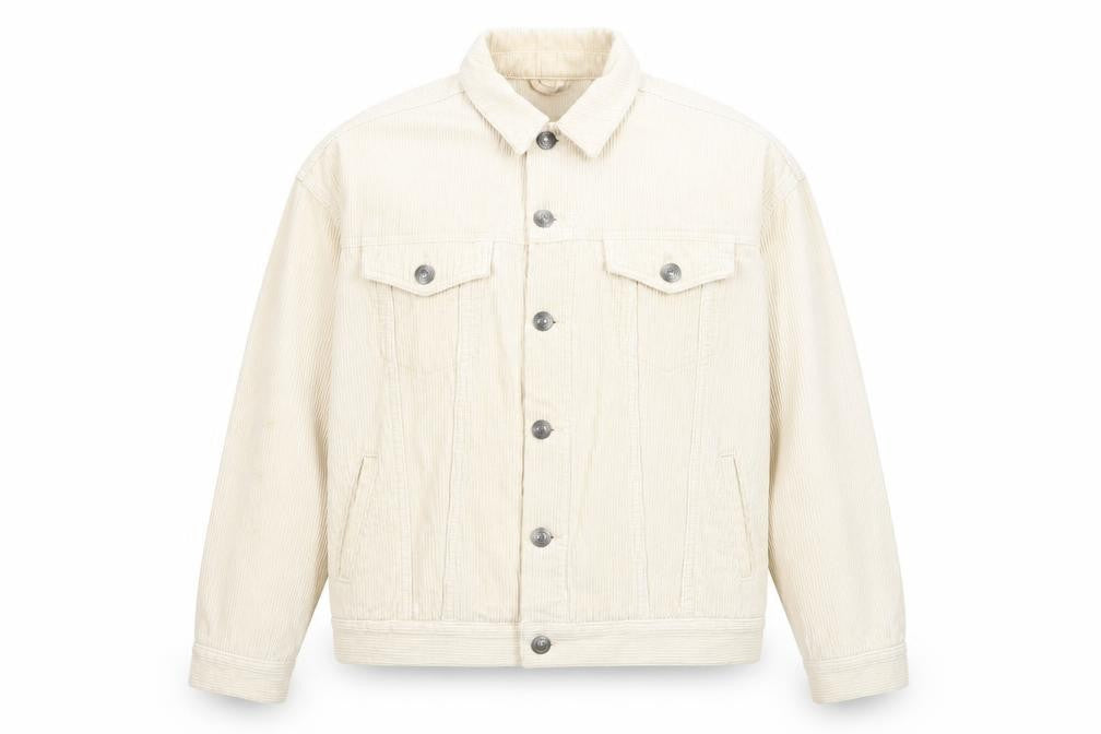 Front view of BDG Men's Beige Corduroy Button Jacket Small Regular Fit