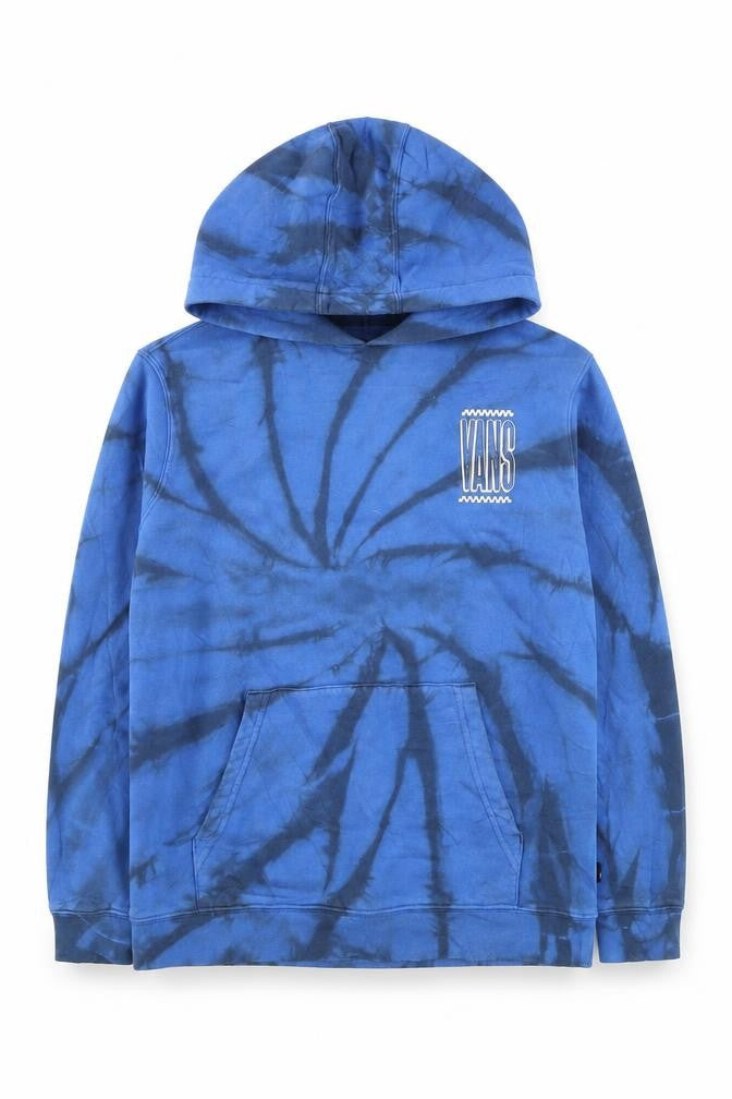 Front view of Vans boys’ blue tie-dye pullover hoodie large cotton casual