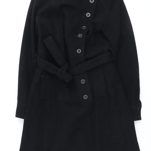 Warehouse Women’s Black Wool Trench Coat Size 12 Belted Long