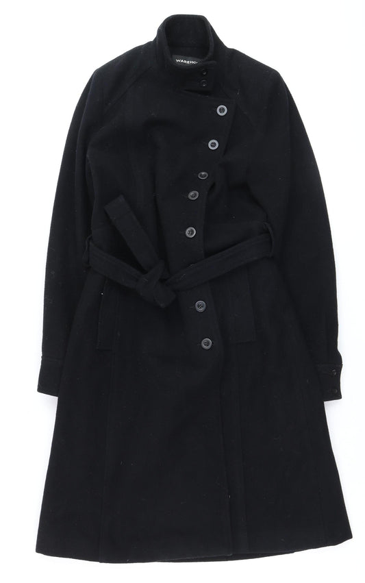 Warehouse Women’s Black Wool Trench Coat Size 12 Belted Long