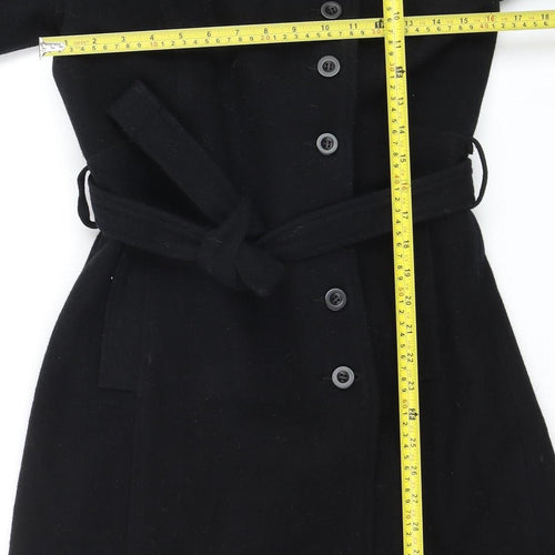 Warehouse Women’s Black Wool Trench Coat Size 12 Belted Long