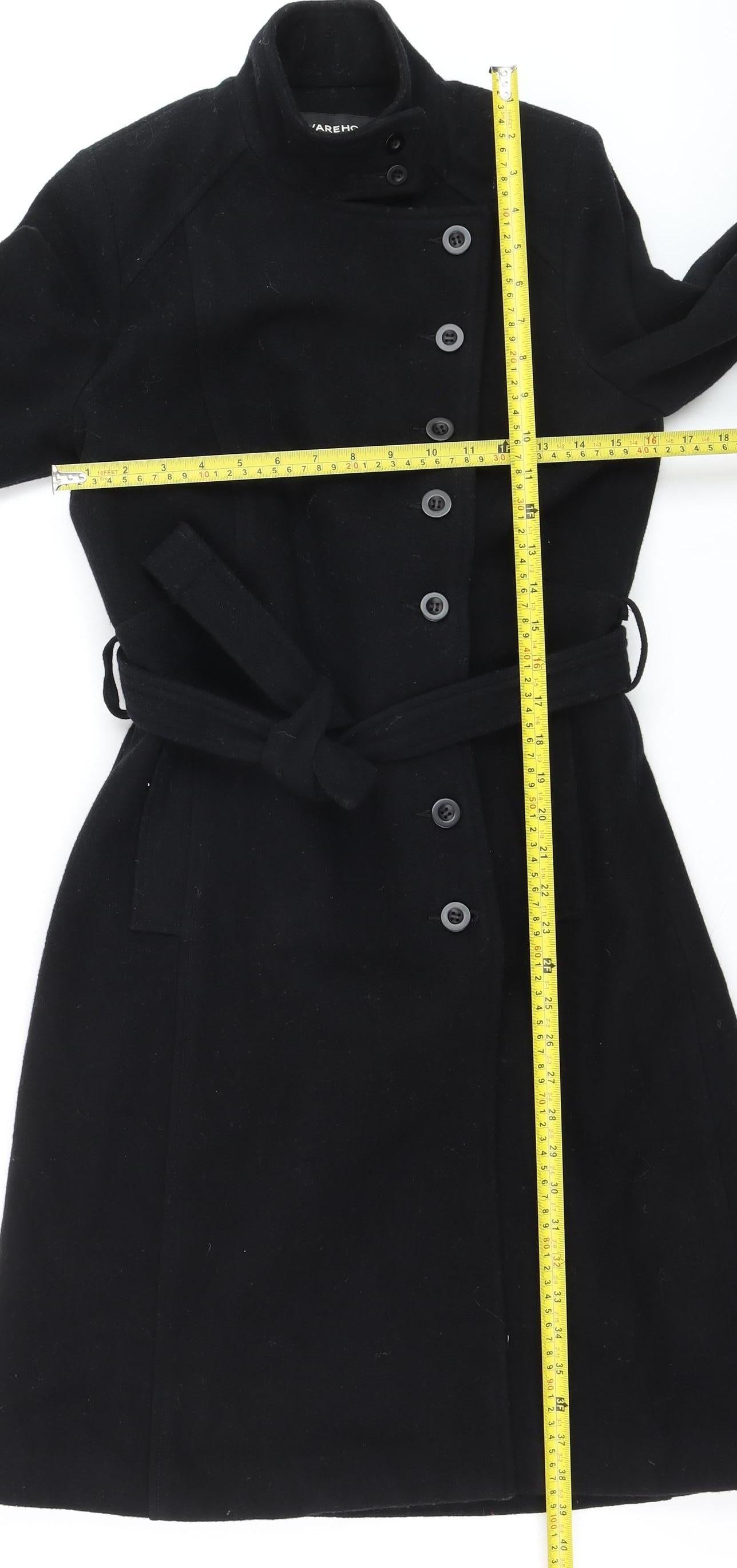 Warehouse Women’s Black Wool Trench Coat Size 12 Belted Long