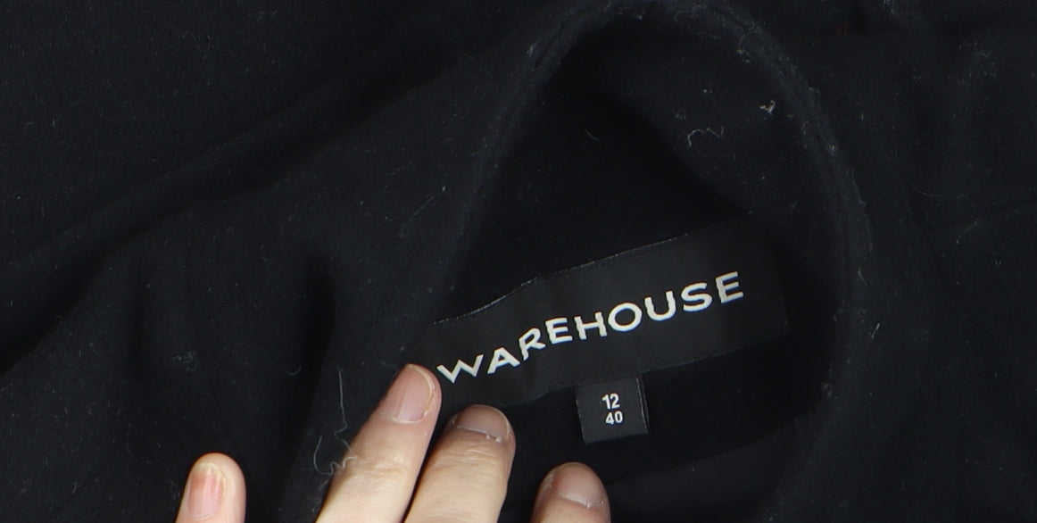 Warehouse Women’s Black Wool Trench Coat Size 12 Belted Long